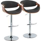 Curvo Adjustable Swivel Bar Stool in Chrome, Walnut Wood & Charcoal Fabric (Set of 2)